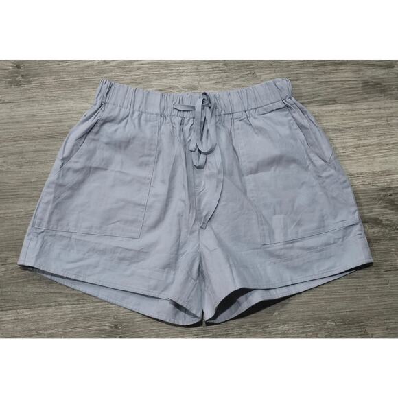 Light Blue Denim 100% Cotton Pull On Elastic Tie Waist Shorts w. Large Pockets - Picture 1 of 6